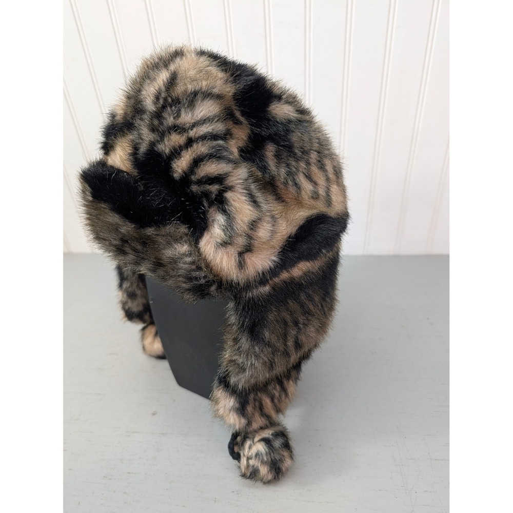 Mudd Trapper Hat Animal Print Faux Fur Ear Flaps Pom Poms Brown Black One Size
